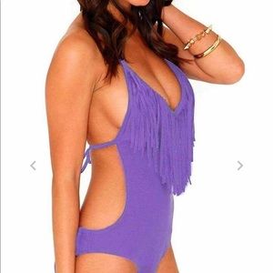 Plum one piece bathing suit w/ front fringe Small